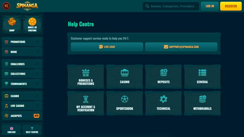Spinanga help centre with live chat and email buttons and eight topic categories
