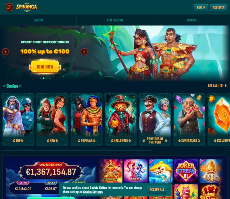 Spinanga home page with log in and register buttons, casino, live casino and sports menu, and game categories