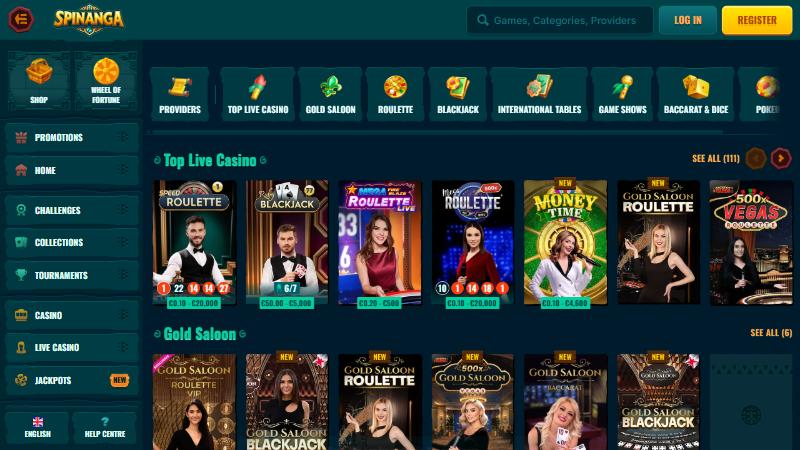 Spinanga live casino with roulette, blackjack and game show categories and betting limits under each table