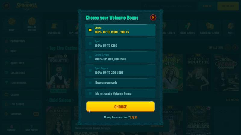 First step of Spinanga registration with a welcome bonus choice for casino, sports and crypto and a no-bonus option