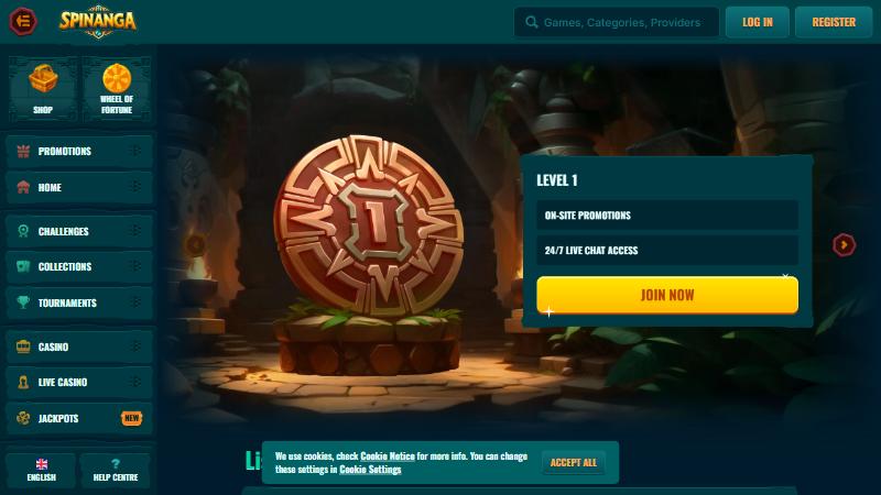 Spinanga VIP page showing level 1 with on-site promotions and live chat access